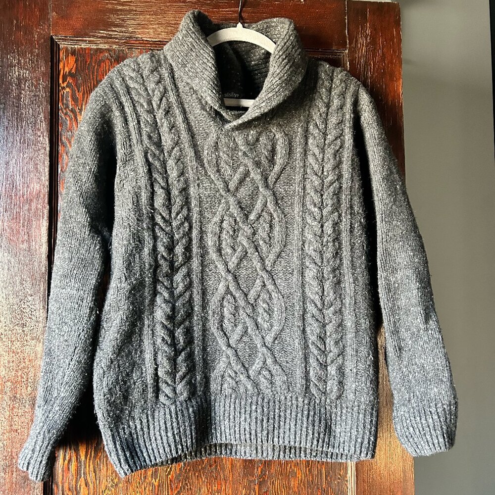 Irelands Eye Aran Shawl Collar, Cable Knit Sweater, Gray Marl, Wool/Cashmere